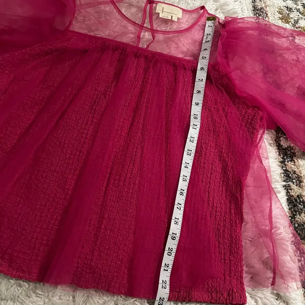 Anthropologie Pink Sheer Puff-Sleeve Top Size L - Picture 7 of 7